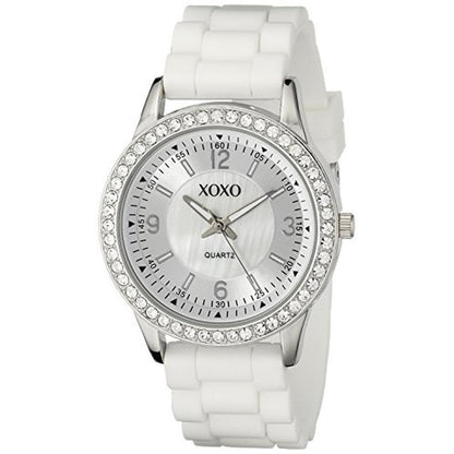 XOXO Women's Rhinestone Bezel Watch with White Silicone – Front View