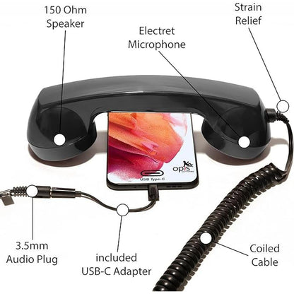 opis 60s: Micro Retro Phone Handset with USB-C and Aux – Close-up Detail