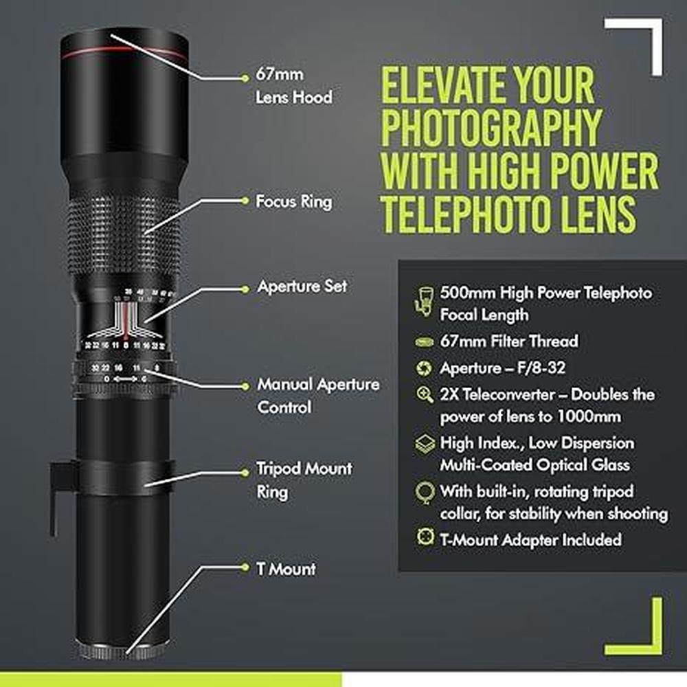 High Power 500mm-1000mm F/8 Manual Telephoto Lens – Side View
