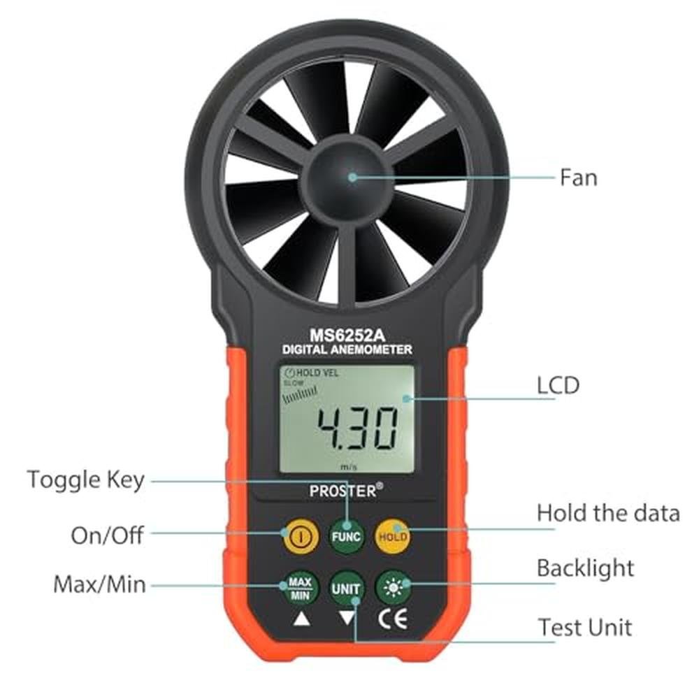 Proster Handheld Digital Anemometer – Side View