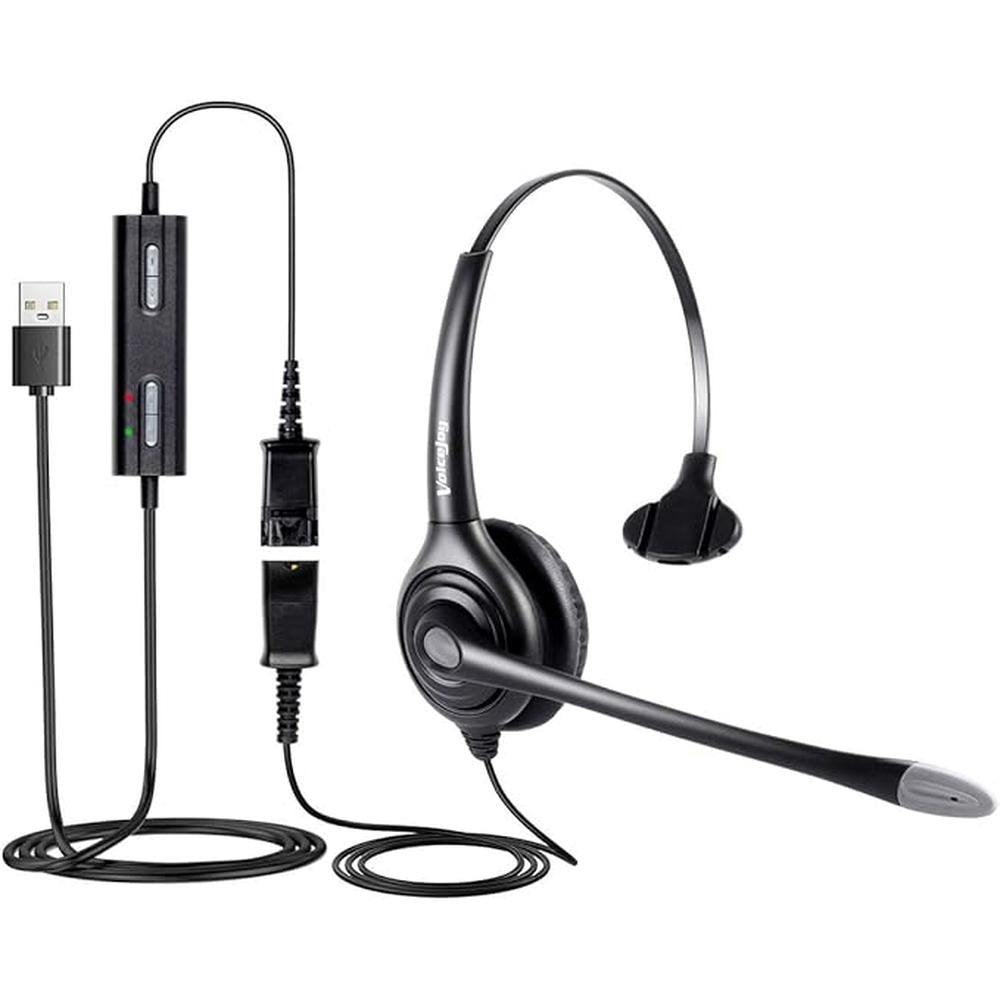 VoiceJoy USB Plug Corded Headphone Call Center Noise – Front View