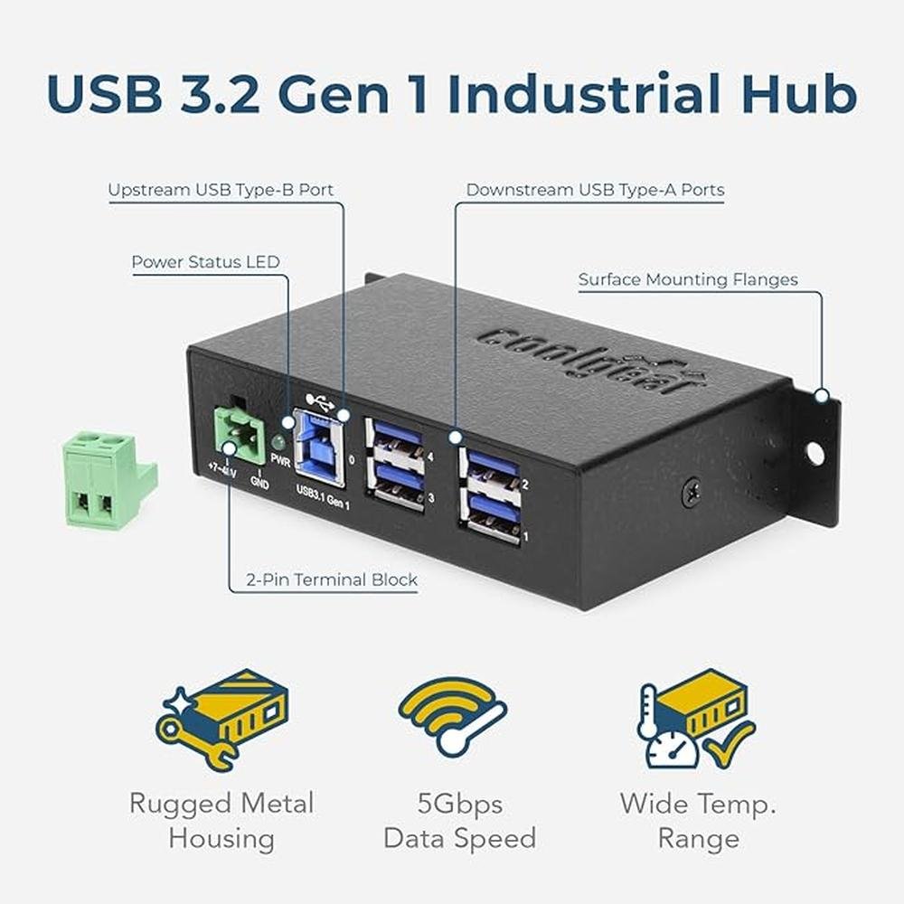 4 Port USB 3.2 Gen 1 Powered Hub w/ESD Surge Protection – Side View
