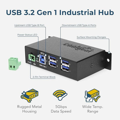 4 Port USB 3.2 Gen 1 Powered Hub w/ESD Surge Protection – Side View