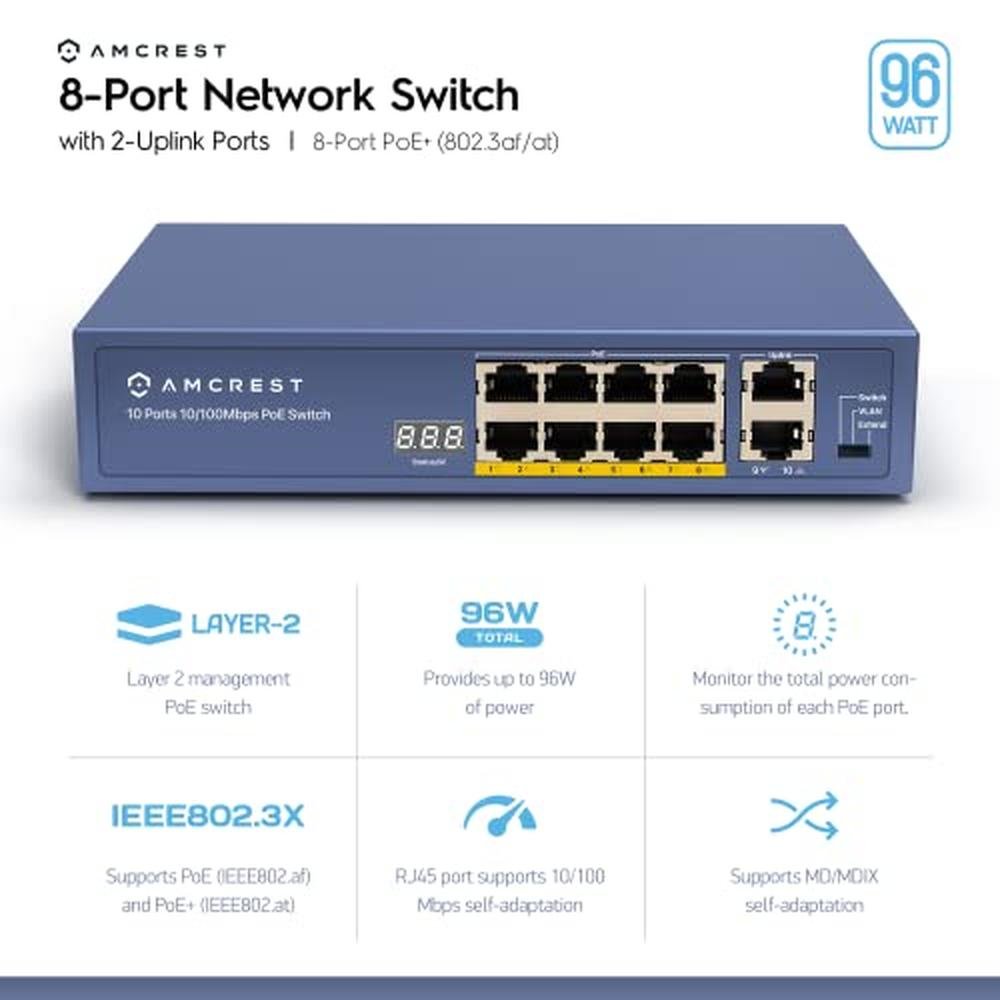 Amcrest 8-Port POE Switch Power Over Ethernet POE+ Switch – Side View