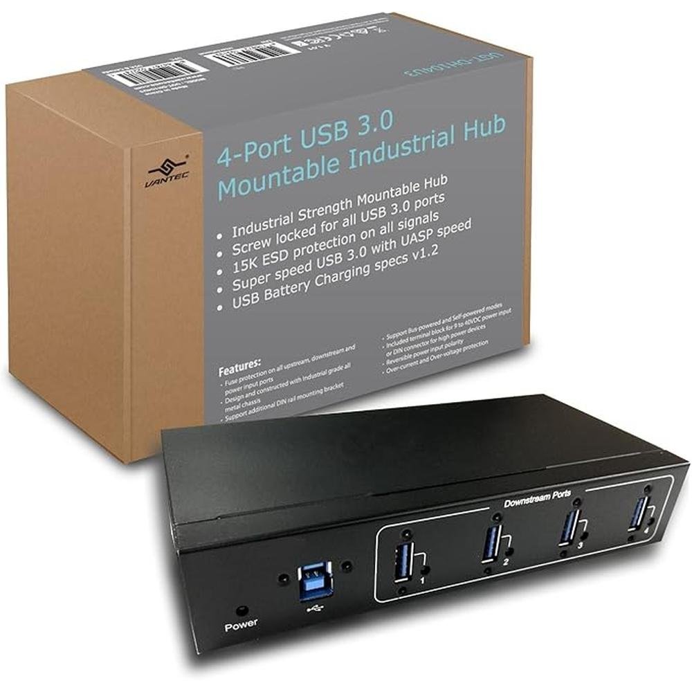 4-Port USB 3.0 Mountable Industrial Hub with Screw Locked – Front View