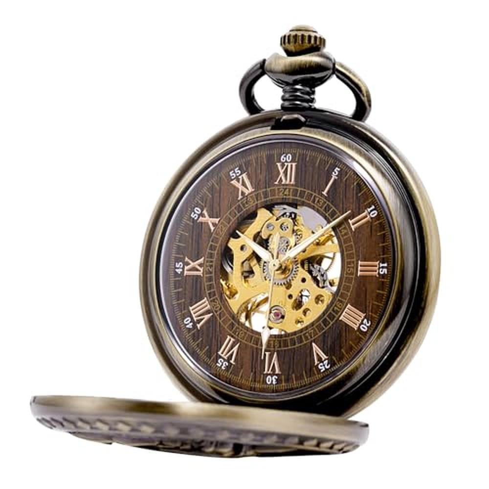 Treeweto Antique: Mens Pocket Watch Skeleton Mechanical – Side View
