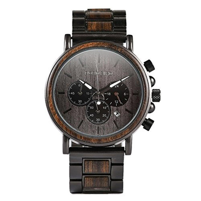 2win Mens Wooden Watches: Luxury Stainless Steel Wood Watch – Front View