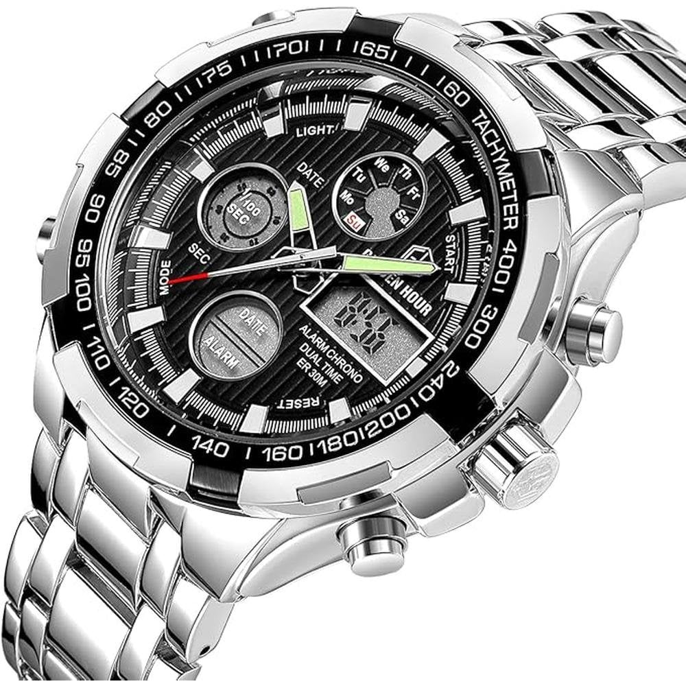 Golden Hour: Luxury Stainless Steel Analog Digital Watches – Side View