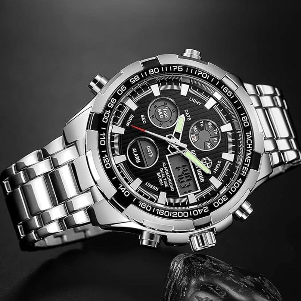 Golden Hour: Luxury Stainless Steel Analog Digital Watches – Close-up Detail