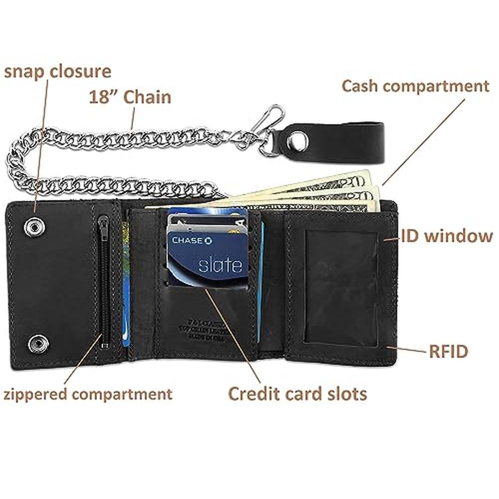 RFID Blocking Men's Tri-fold Vintage Biker Cowhide Leather – Side View