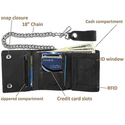 RFID Blocking Men's Tri-fold Vintage Biker Cowhide Leather – Side View