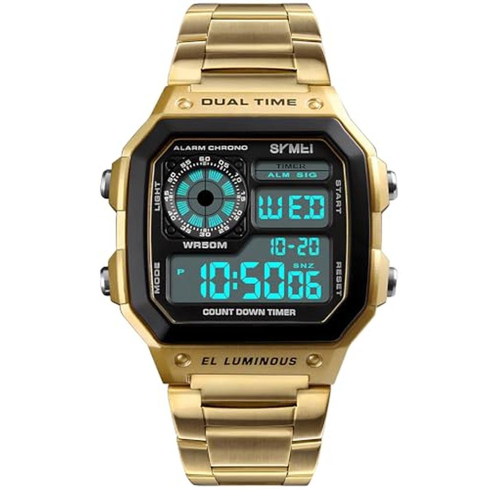 Men Gold Digital Watches: PASOY Stainless Steel Alarm – Front View