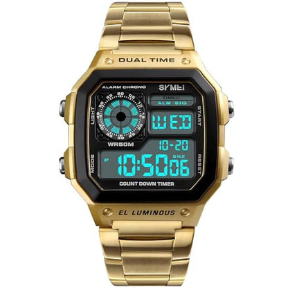 Men Gold Digital Watches: PASOY Stainless Steel Alarm – Front View