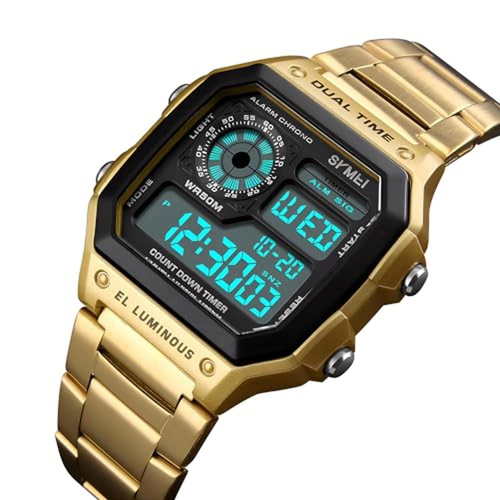 Men Gold Digital Watches: PASOY Stainless Steel Alarm – Side View