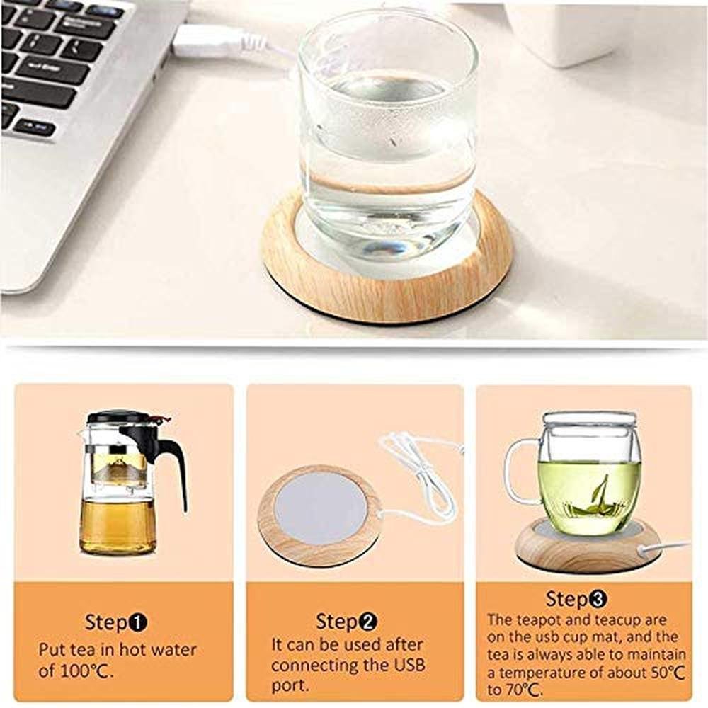 Grain Warmer: GOTOTOP USB Heated Coaster Wood Grain Cup – Side View