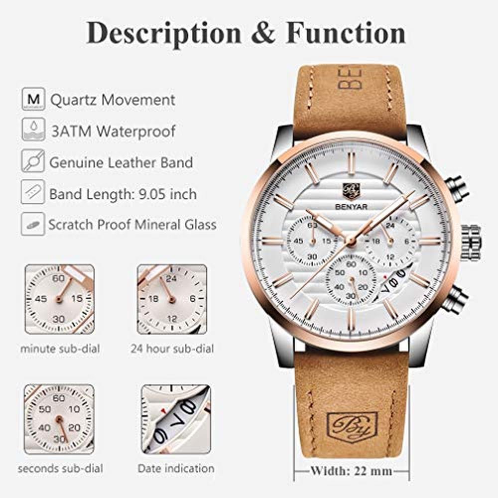 Watches Quartz: BENYAR Mens Quartz Chronograph Business – Close-up Detail