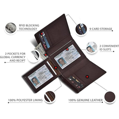 Real Leather Mens Trifold Wallet RFID Blocking Slim – Side View