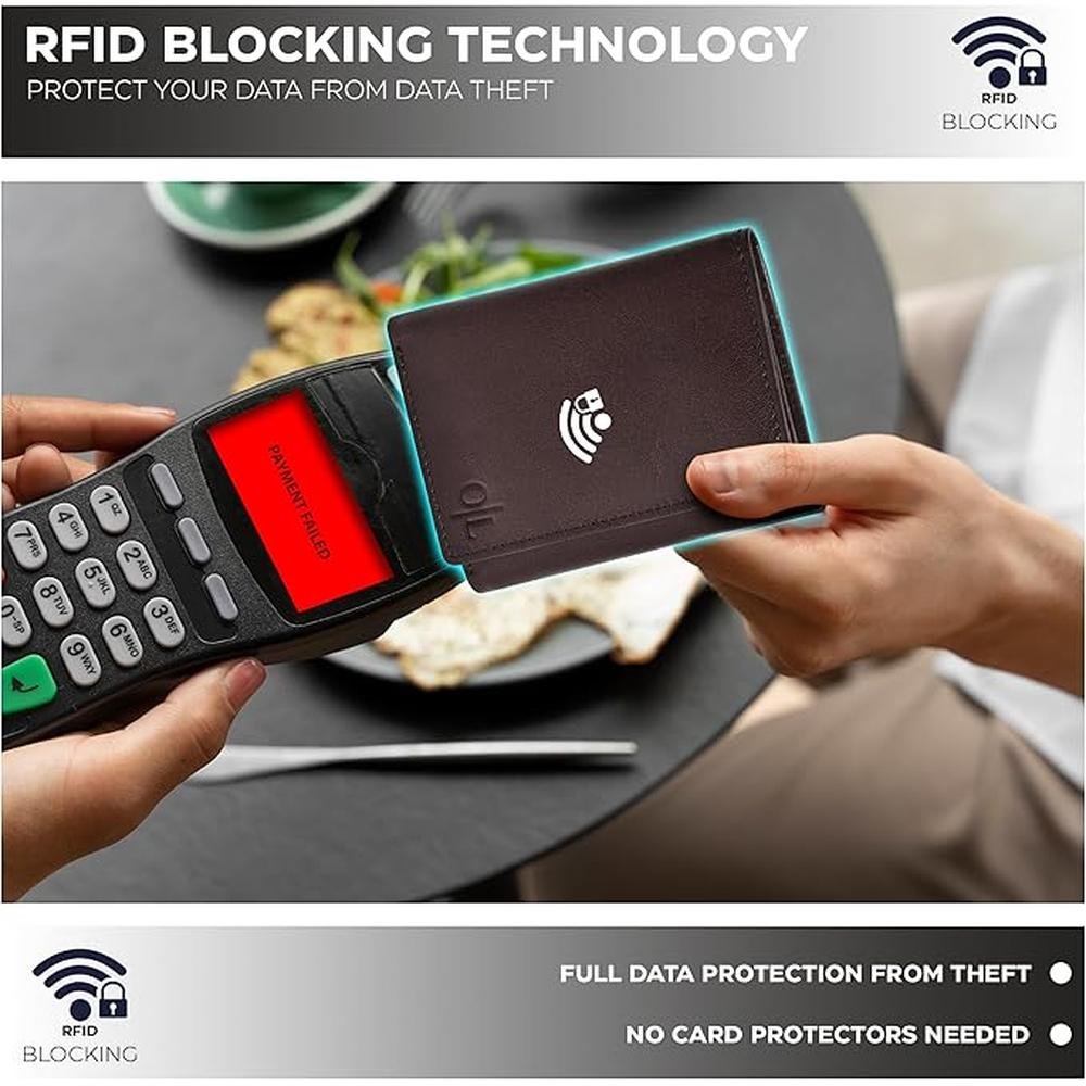 Real Leather Mens Trifold Wallet RFID Blocking Slim – Close-up Detail