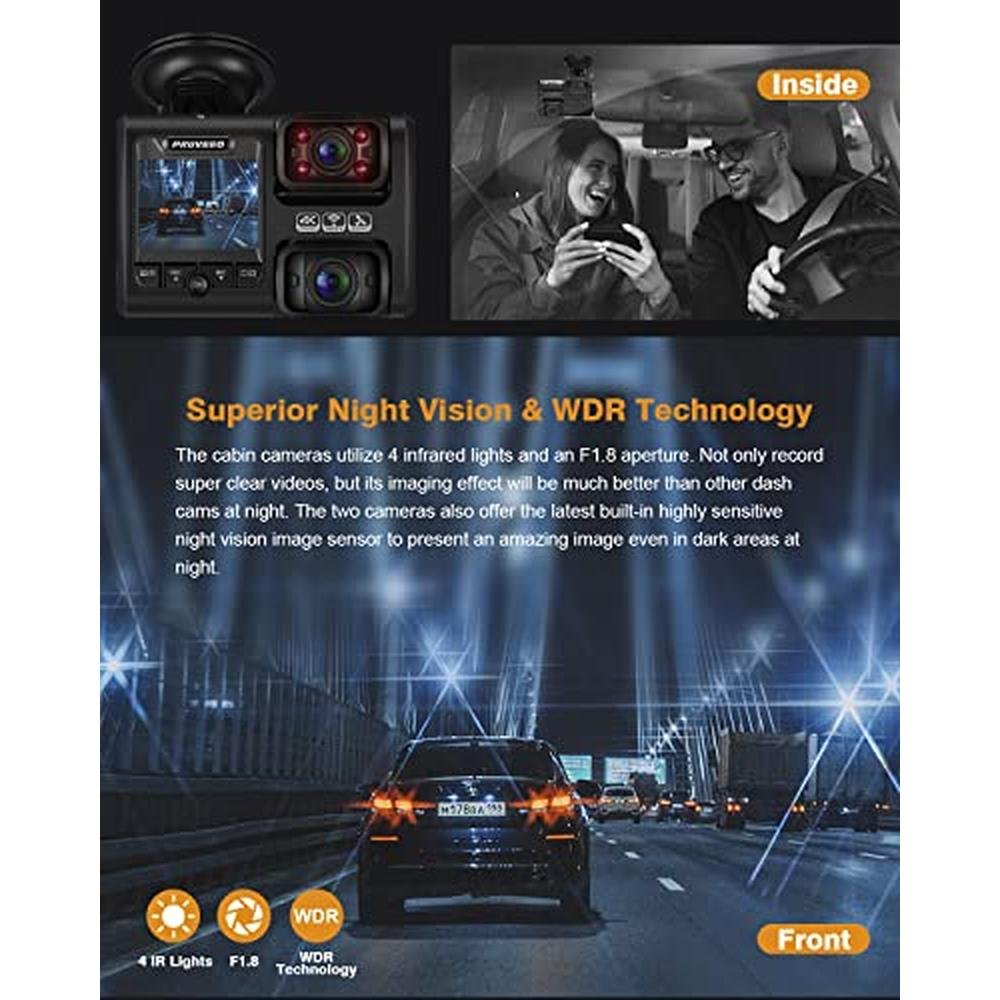 Pruveeo Dash Cam: Front and Inside 1080P Dual FHD Dash – Close-up Detail