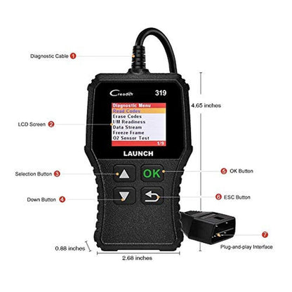 OBD2 Launch Scanner: LAUNCH CR319 Check Engine Code Reader – Side View