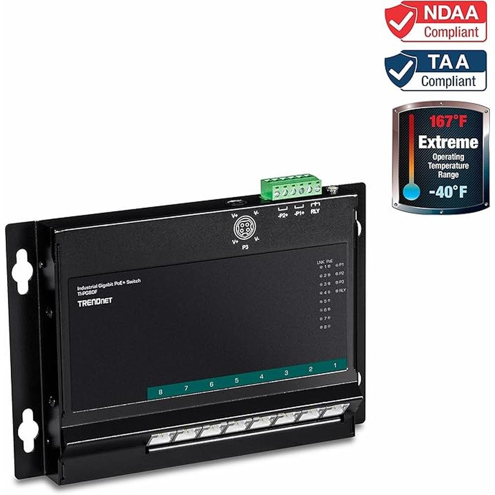 TRENDnet 8-Port Industrial Gigabit Poe+ Wall-Mounted Front – Side View