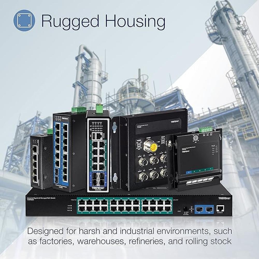TRENDnet 8-Port Industrial Gigabit Poe+ Wall-Mounted Front – Close-up Detail