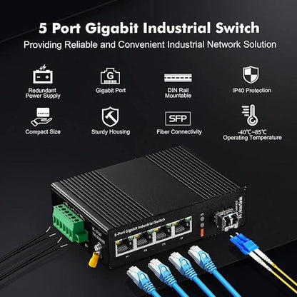 MokerLink 5 Port Industrial DIN-Rail Network Switch – Close-up Detail