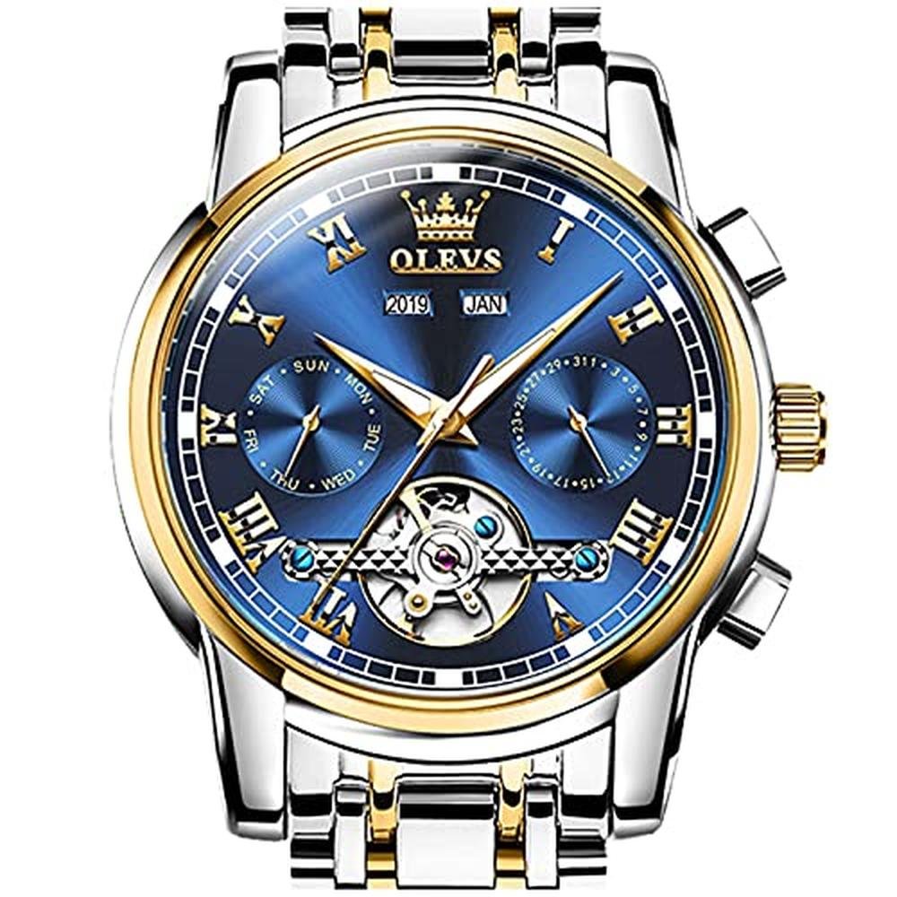 OLEVS Mens Watch Automatic Blue Dial Luxury Fancy Watches – Front View