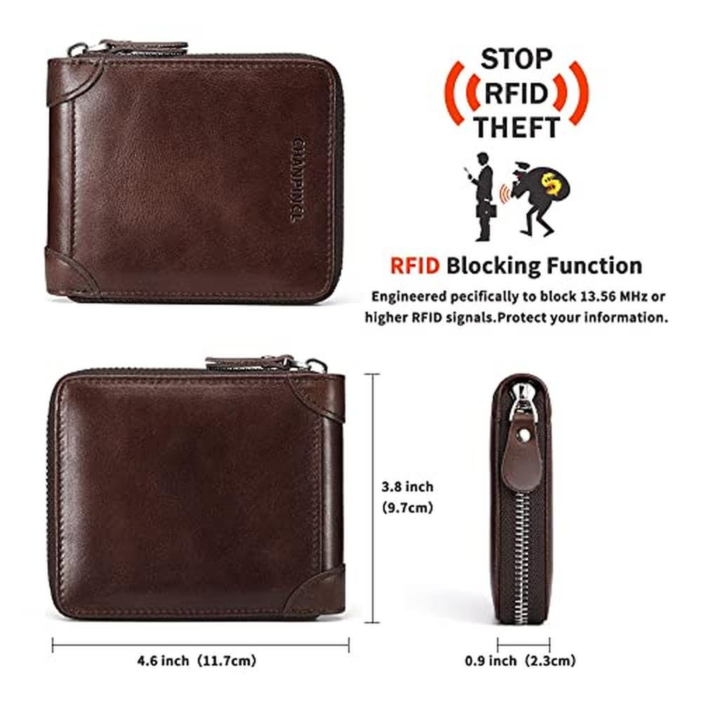 Leather Mens Wallet: RFID Secure Large Capacity Double Fold – Side View