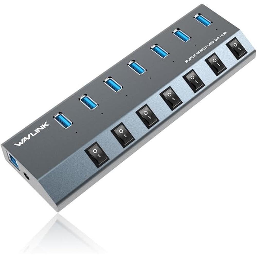 USB Hub 3.0: WAVLINK 7 Port Powered USB 3.0 hub 48W Charging – Front View