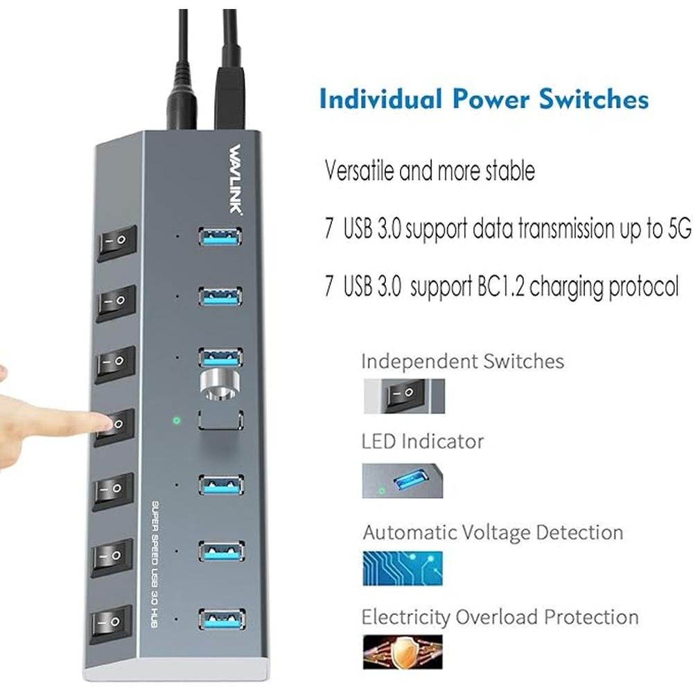 USB Hub 3.0: WAVLINK 7 Port Powered USB 3.0 hub 48W Charging – Side View