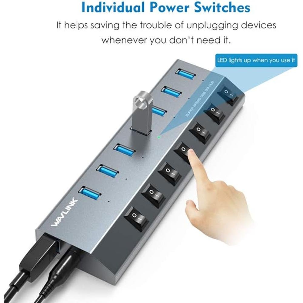 USB Hub 3.0: WAVLINK 7 Port Powered USB 3.0 hub 48W Charging – Close-up Detail