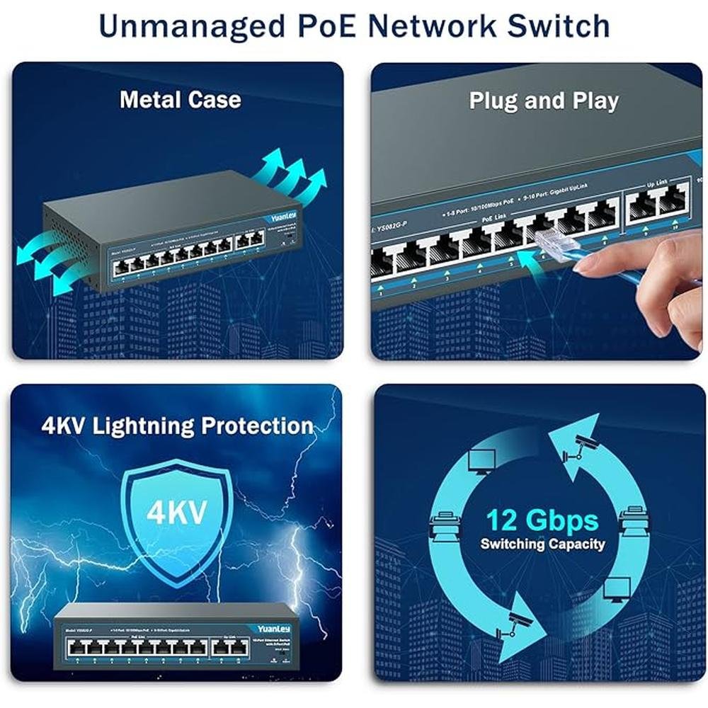 YuanLey 8 Port PoE Switch with 2 Gigabit Uplink – Side View