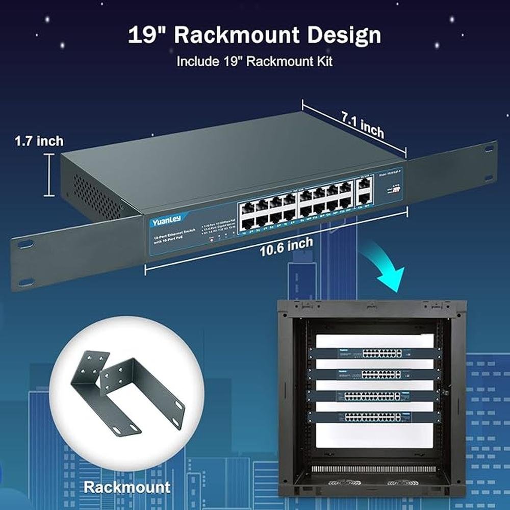 YuanLey 16 Port PoE Switch with 2 Gigabit Uplink – Close-up Detail