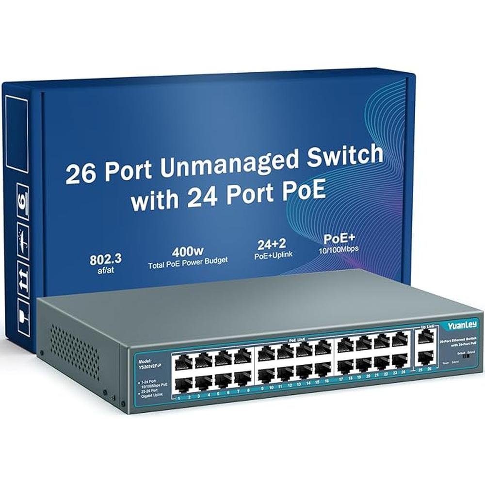 Yuanley 24 Port PoE Switch with 2 Gigabit Ethernet Uplink – Front View