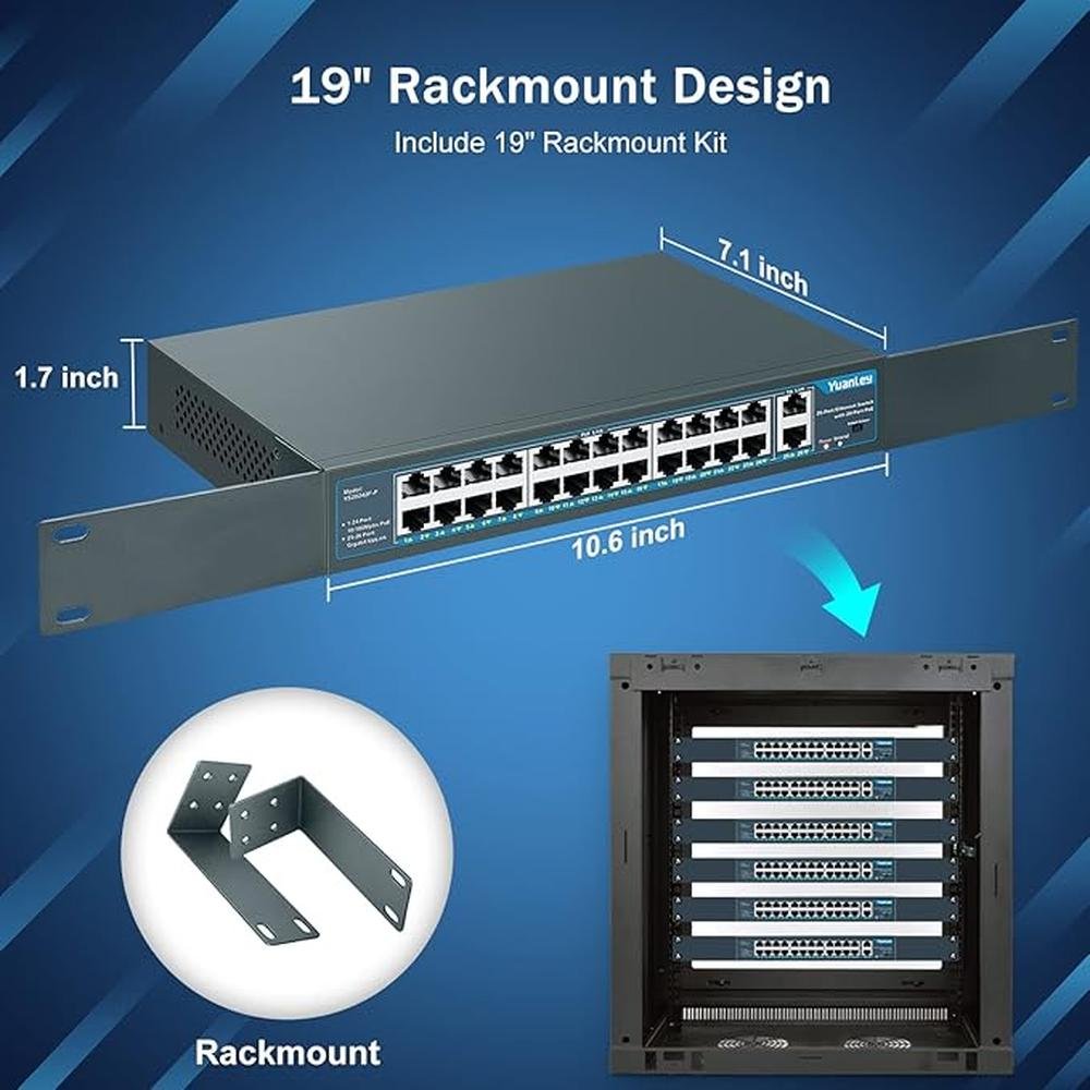 Yuanley 24 Port PoE Switch with 2 Gigabit Ethernet Uplink – Side View