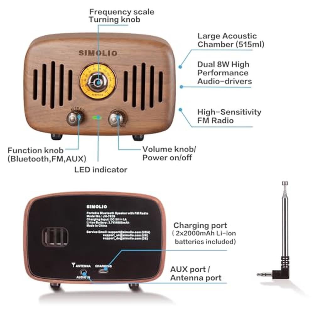 Radio Bluetooth: SIMOLIO Vintage Radio Retro Bluetooth – Close-up Detail