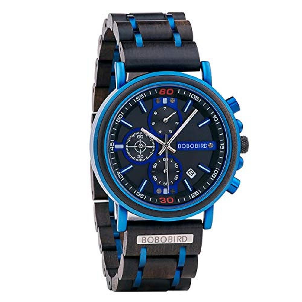 BOBO BIRD Mens Wooden Watch: GS018-6A Stylish Blue Wood – Front View