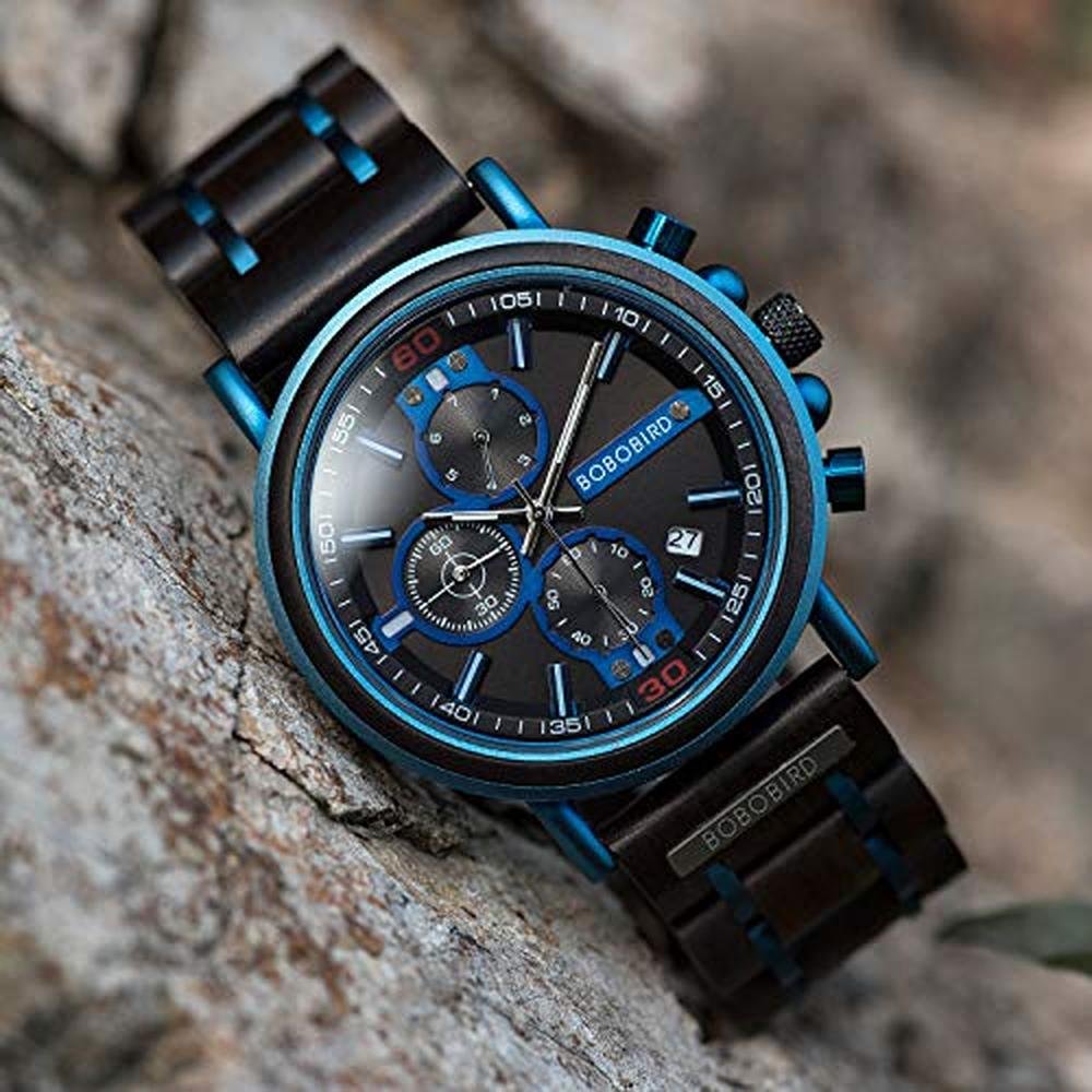 BOBO BIRD Mens Wooden Watch: GS018-6A Stylish Blue Wood – In Use