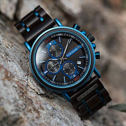 BOBO BIRD Mens Wooden Watch: GS018-6A Stylish Blue Wood – In Use