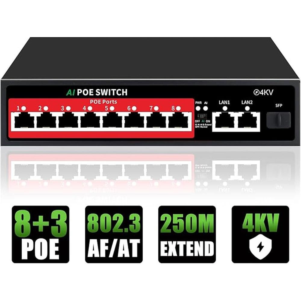 STEAMEMO 8 Port PoE+ Switch: Easy Smart Managed Ethernet – Front View