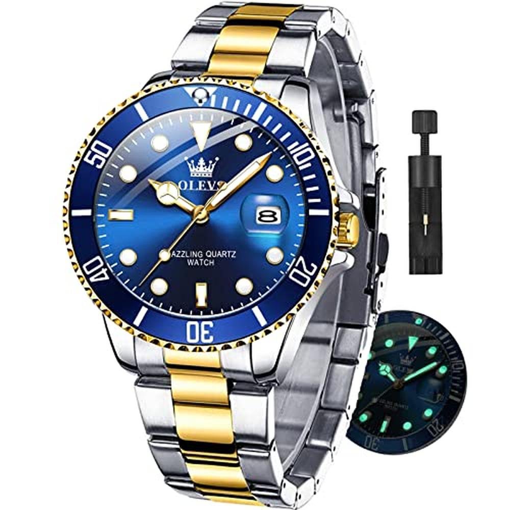 Watch Men: OLEVS Gold Stainless Steel Watch Blue Face – Front View