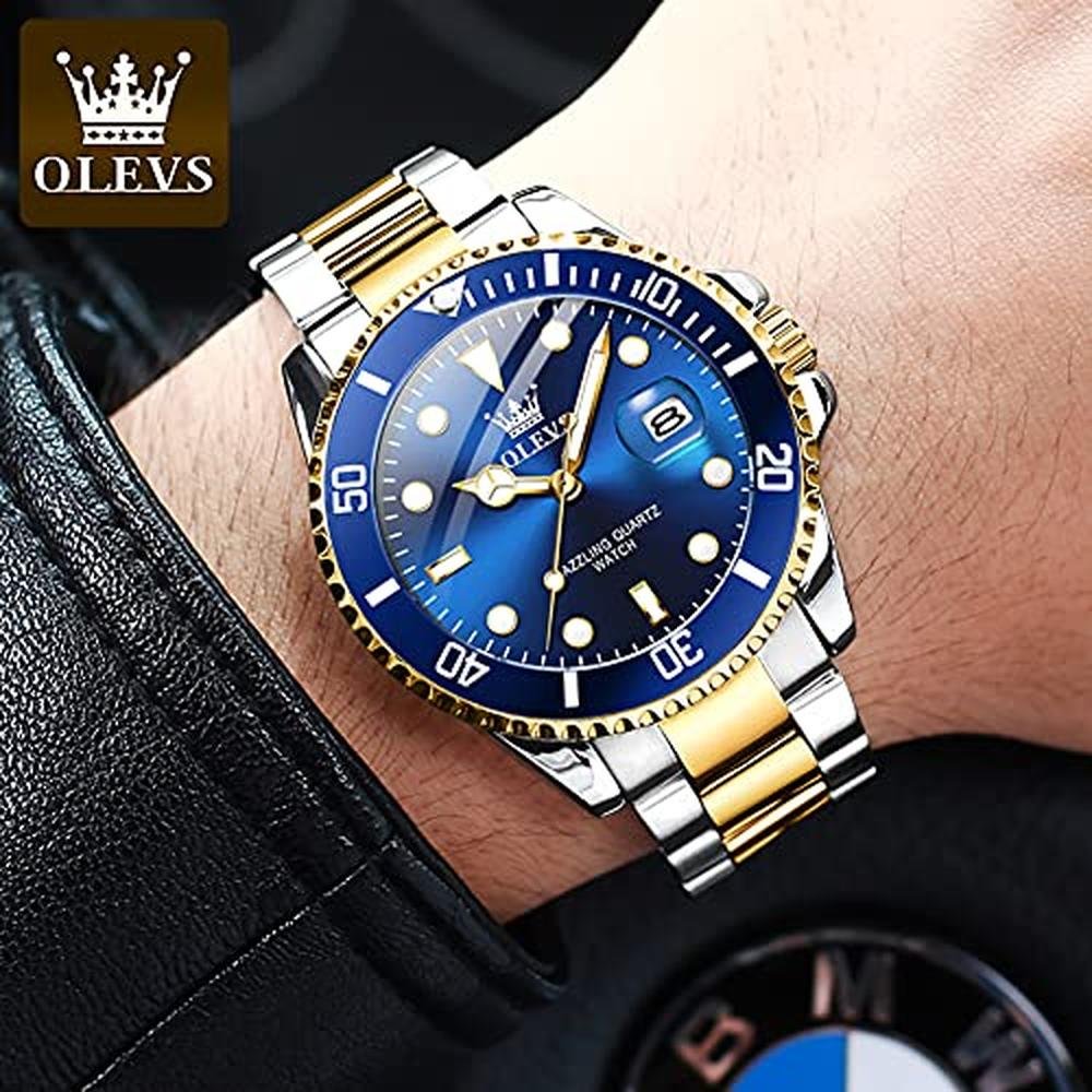 Watch Men: OLEVS Gold Stainless Steel Watch Blue Face – Side View