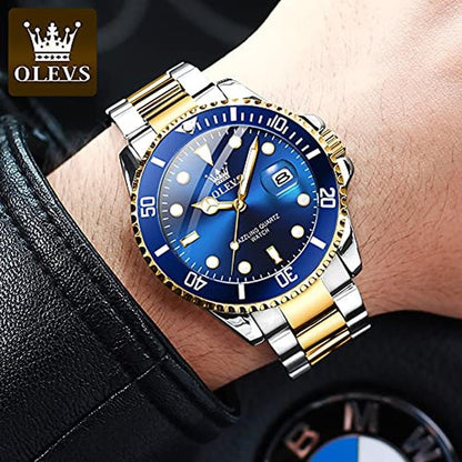 Watch Men: OLEVS Gold Stainless Steel Watch Blue Face – Side View