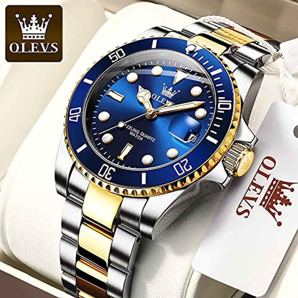 Watch Men: OLEVS Gold Stainless Steel Watch Blue Face – Close-up Detail