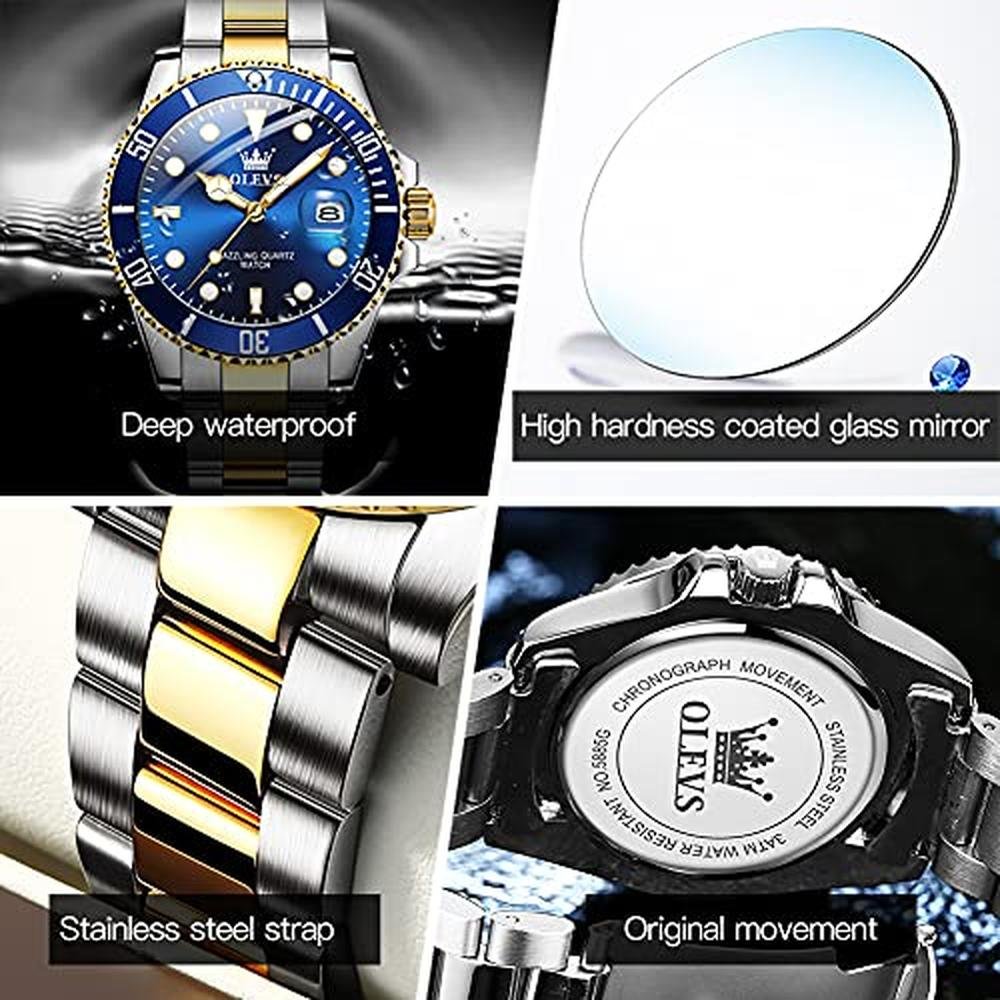 Watch Men: OLEVS Gold Stainless Steel Watch Blue Face – In Use