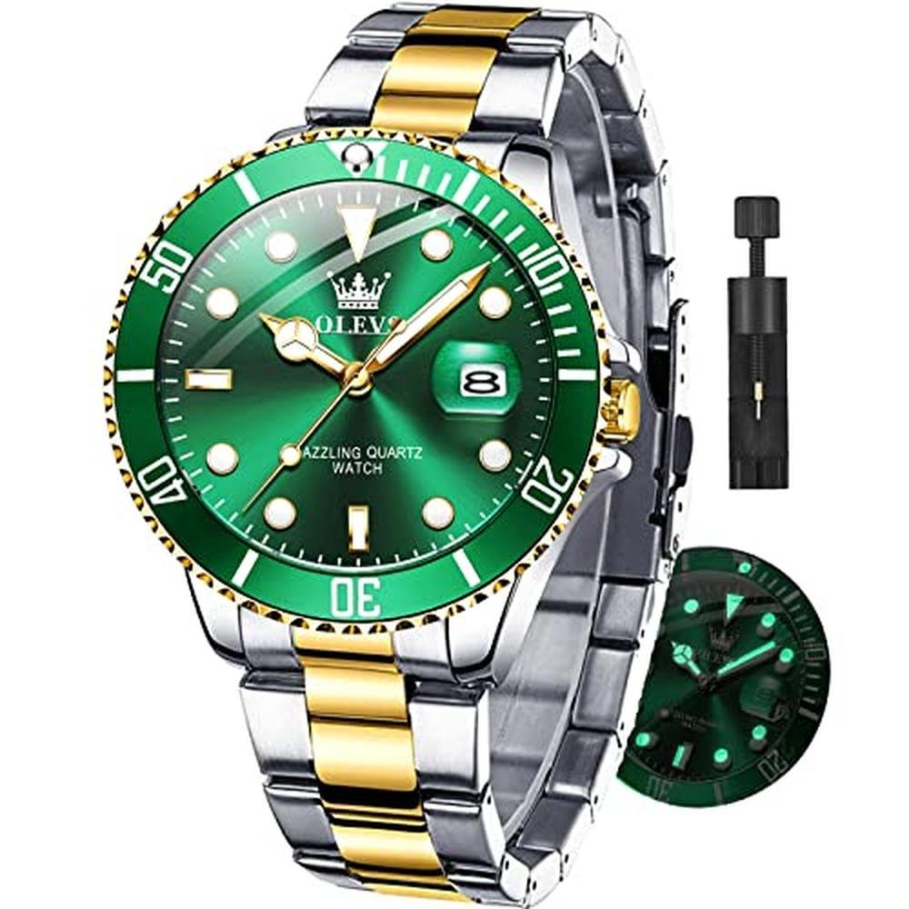Luxury Green Men Watch: OLEVS Gold and Stainless Steel – Front View