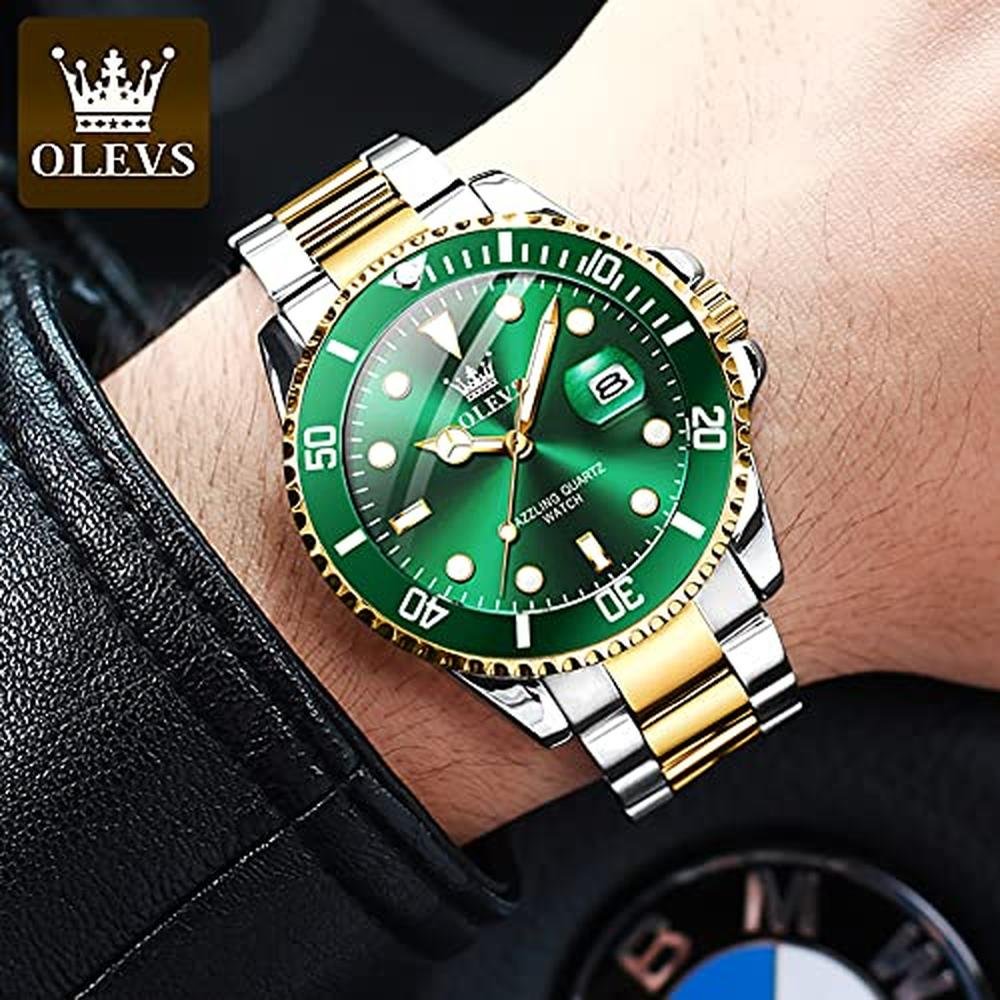 Luxury Green Men Watch: OLEVS Gold and Stainless Steel – Side View
