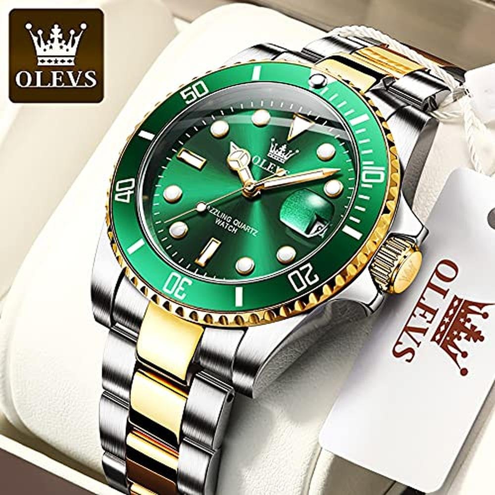 Luxury Green Men Watch: OLEVS Gold and Stainless Steel – Close-up Detail