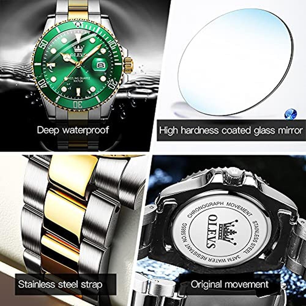 Luxury Green Men Watch: OLEVS Gold and Stainless Steel – In Use